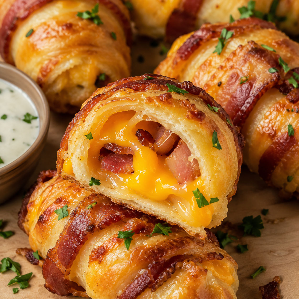 Crispy cheesy bacon rolls with melted cheese and parsley