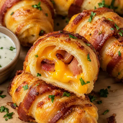 Crispy cheesy bacon rolls with melted cheese and parsley