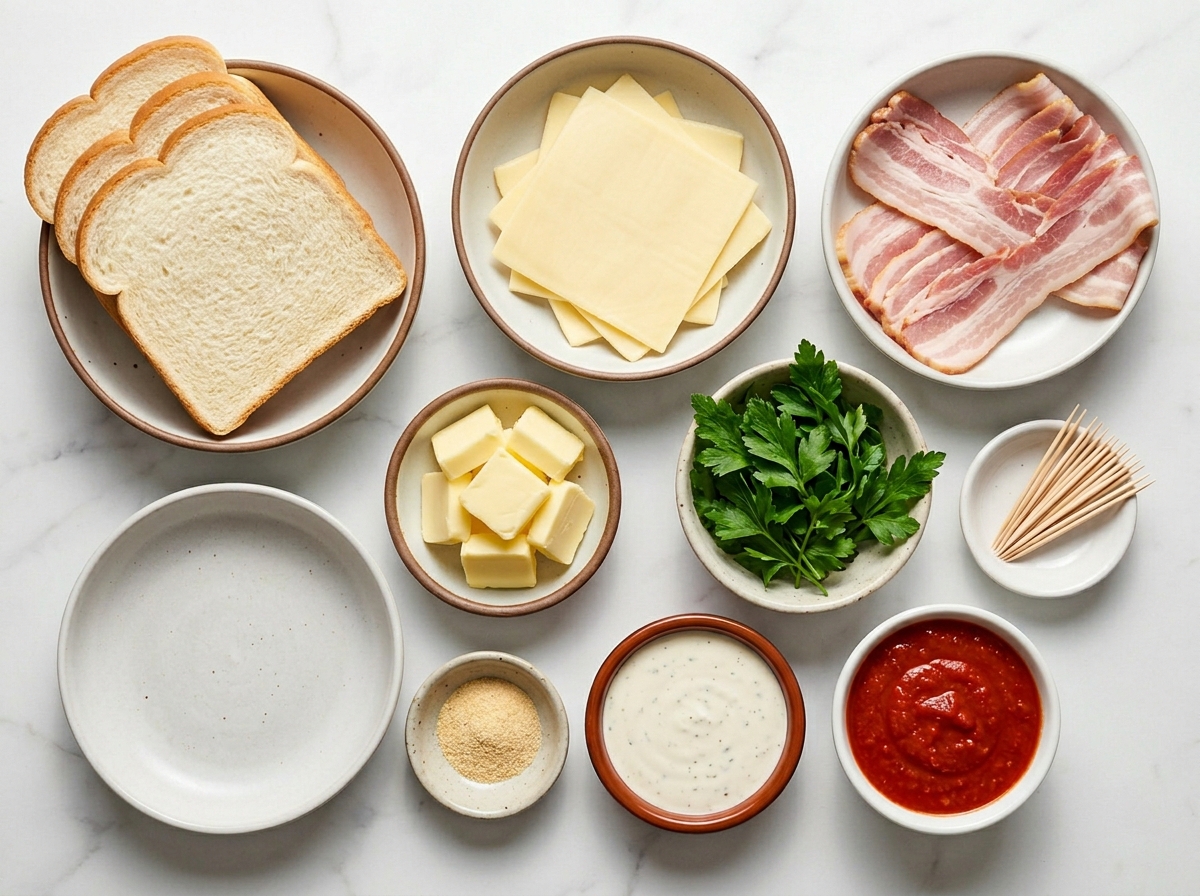 Ingredients for crispy cheesy bacon rolls on a wood counter