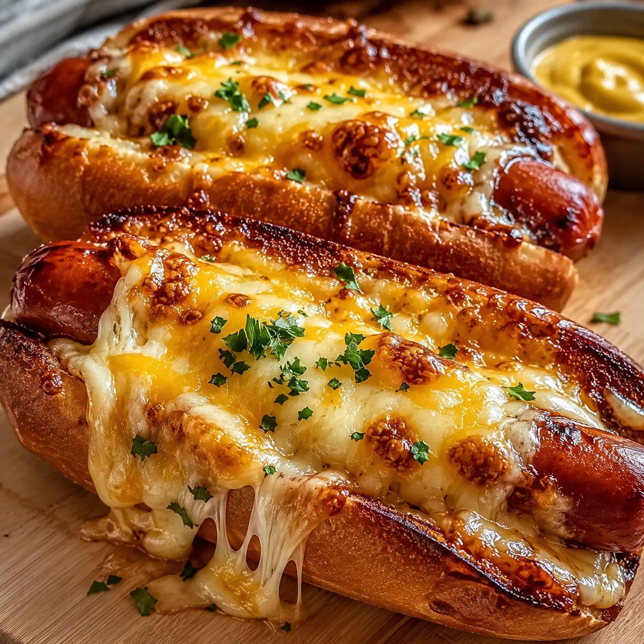 Cheese-stuffed hotdogs in toasted buns with parsley and mustard