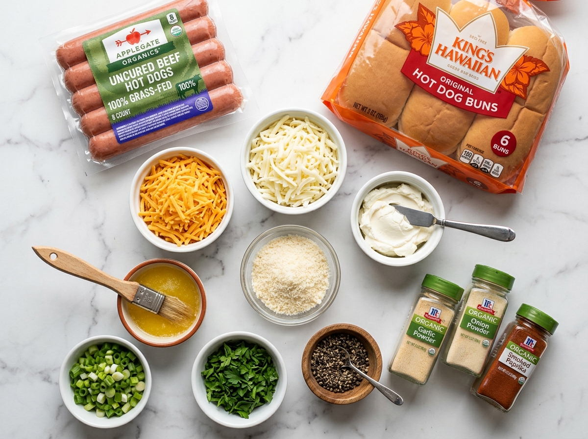 Hot dogs, buns, cheeses, butter, and seasonings ready for baking