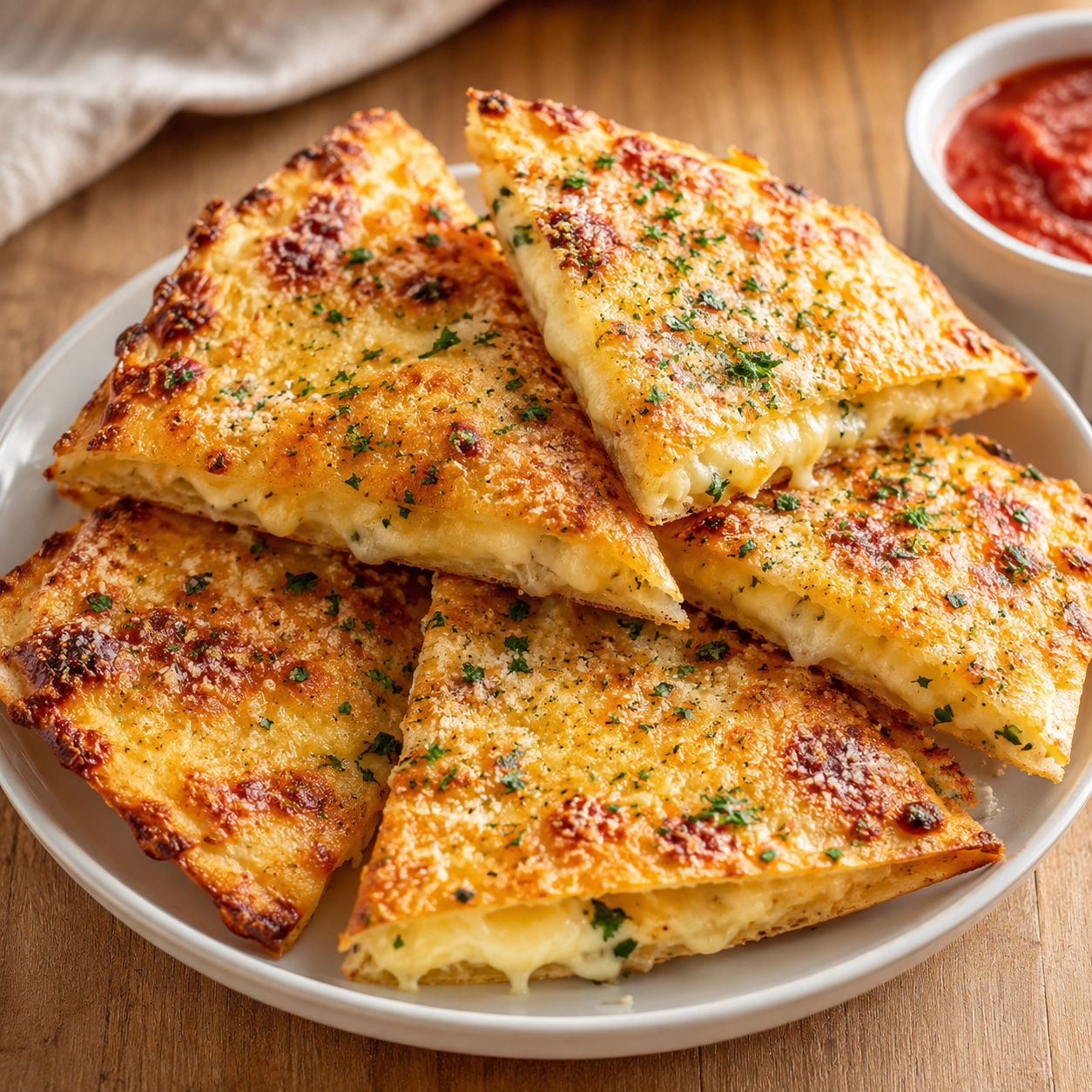Crispy cheesy tortilla garlic bread wedges with parsley and marinara
