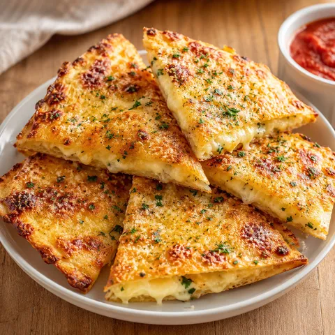 Crispy cheesy tortilla garlic bread wedges with parsley and marinara