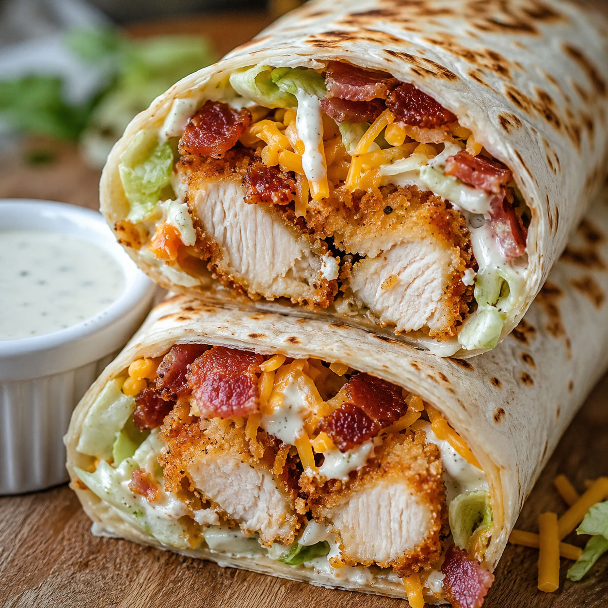 Crispy chicken bacon ranch wrap sliced in half showing golden chicken, bacon, and cheddar inside a flour tortilla