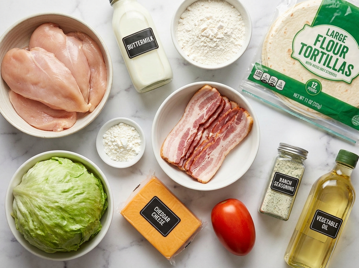 Raw ingredients for a crispy chicken bacon ranch wrap arranged on a marble surface