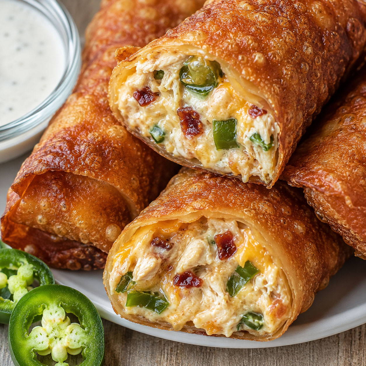 Crispy chicken jalapeño popper egg rolls with ranch dip