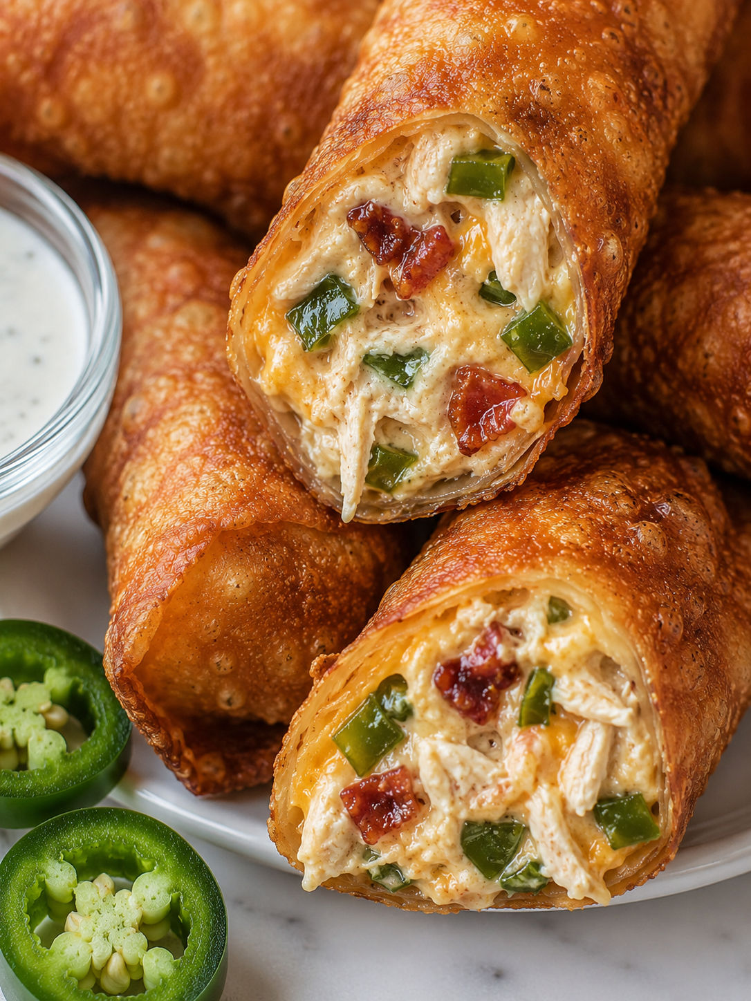 Crispy Chicken Jalapeño Popper Egg Rolls, plated and served