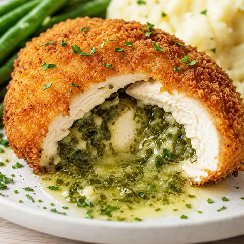 Crispy Chicken Kiev sliced open with garlic butter and parsley