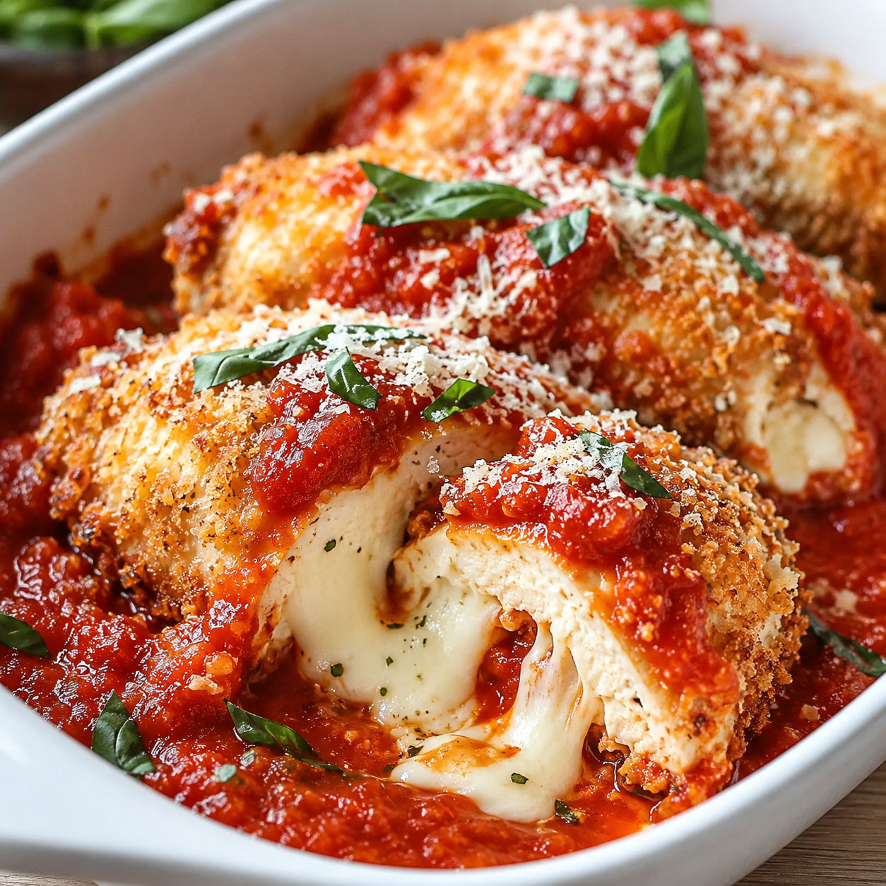Crispy Chicken Parmesan Rolls with marinara, mozzarella, Parmesan, and basil