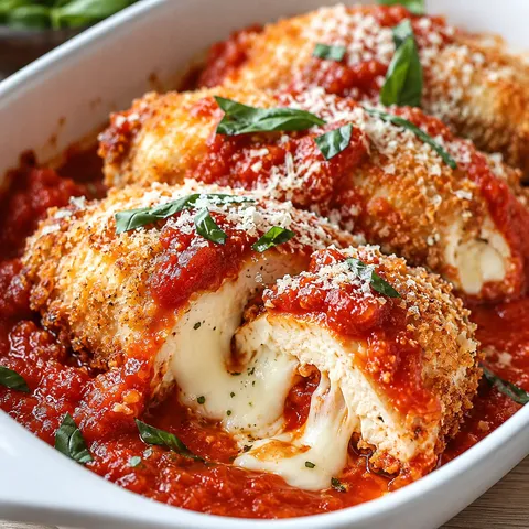 Crispy Chicken Parmesan Rolls with marinara, mozzarella, Parmesan, and basil