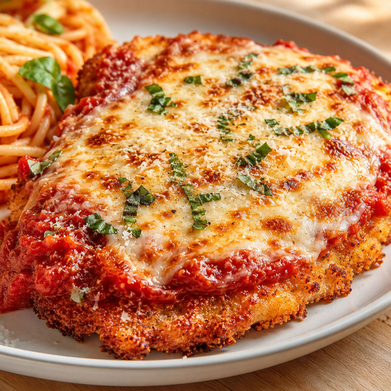 Crispy chicken parmesan with melted mozzarella, marinara, and basil