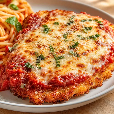 Crispy chicken parmesan with melted mozzarella, marinara, and basil