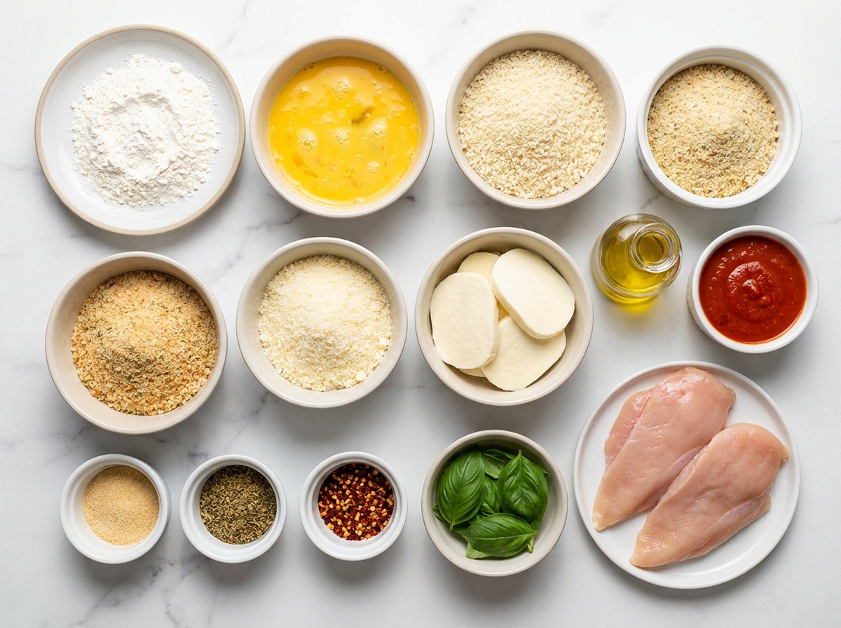 Ingredients for crispy chicken parmesan with mozzarella and marinara