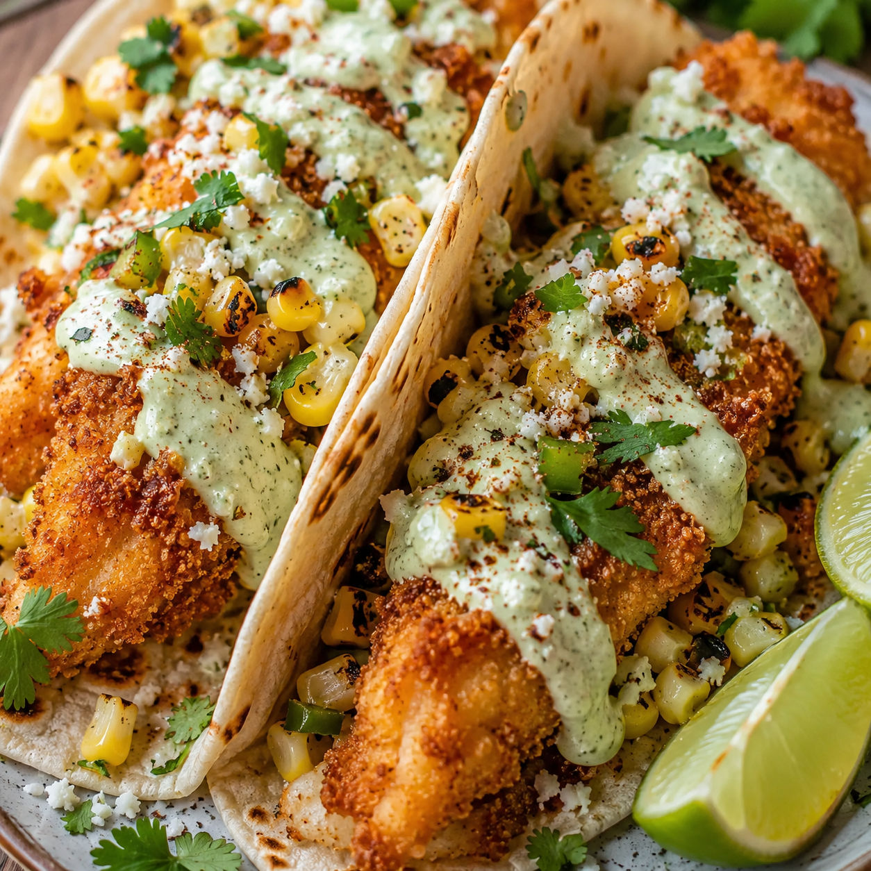 Crispy chicken tacos with street corn, Cotija, cilantro, and jalapeno lime ranch