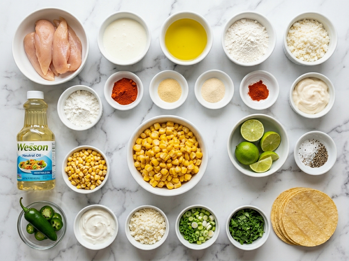 Ingredients for crispy chicken tacos with corn, jalapenos, lime, and Cotija