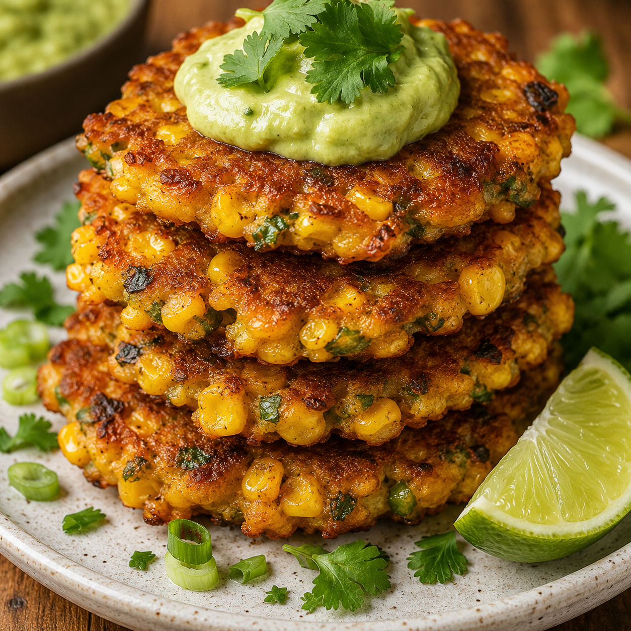 Crispy corn fritters stacked with avocado sauce and cilantro