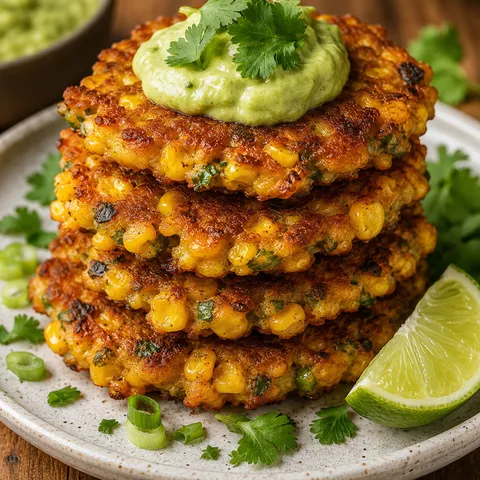 Crispy corn fritters stacked with avocado sauce and cilantro