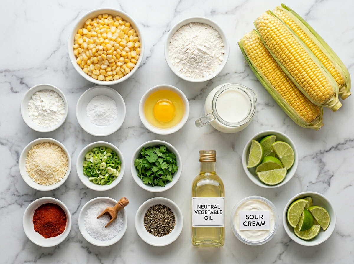 Ingredients for crispy corn fritters with corn, scallions, parmesan, and lime