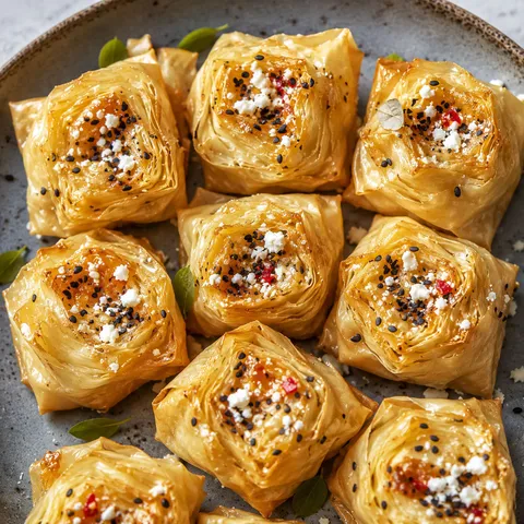 Crispy feta fillo honey bites with sesame and chili on a platter
