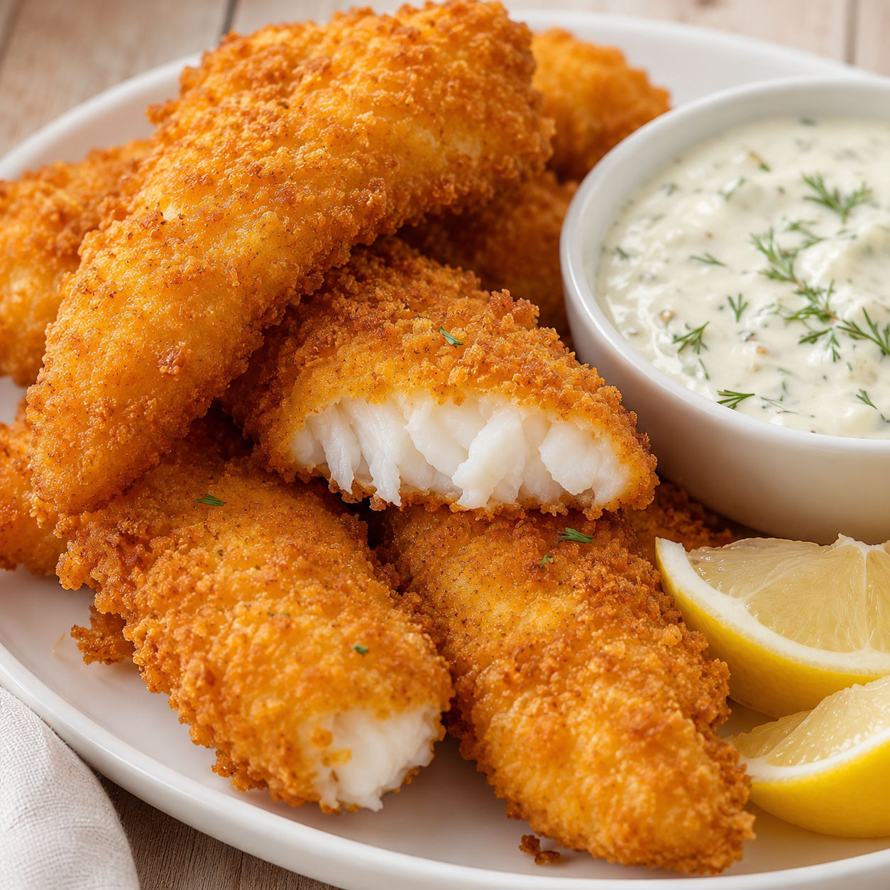 Crispy fish strips with lemon wedges and creamy dipping sauce