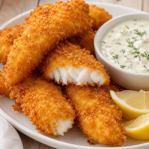 Crispy fish strips with lemon wedges and creamy dipping sauce