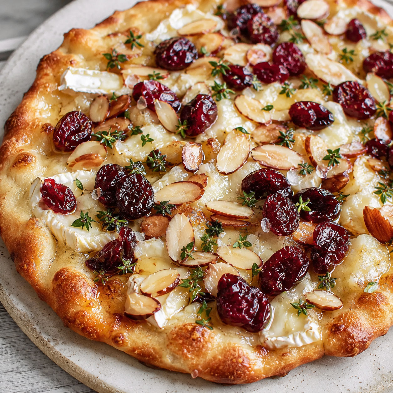 Crispy Brie cranberry flatbread with toasted almonds and thyme