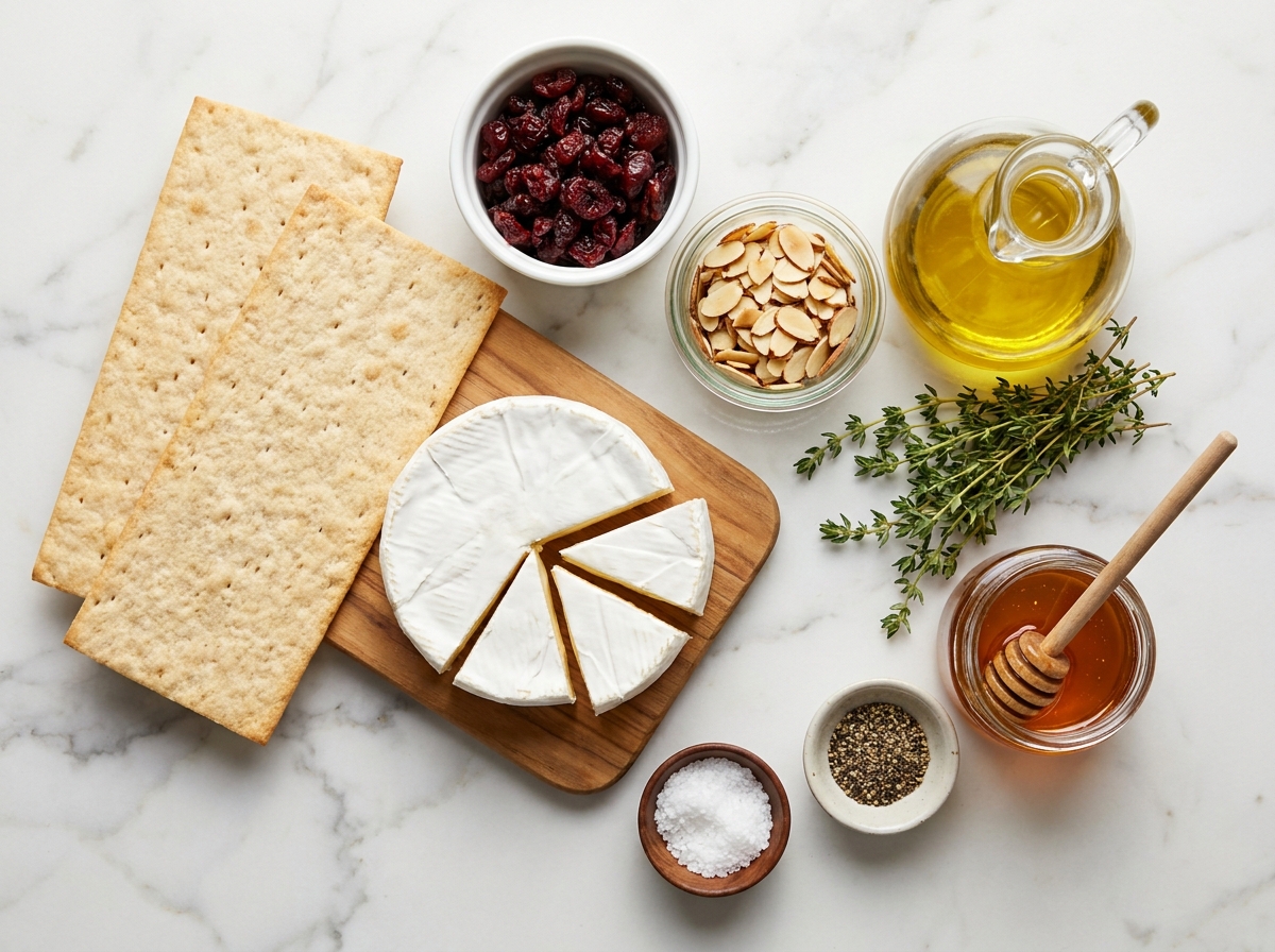 Ingredients for Brie cranberry flatbread with almonds and thyme