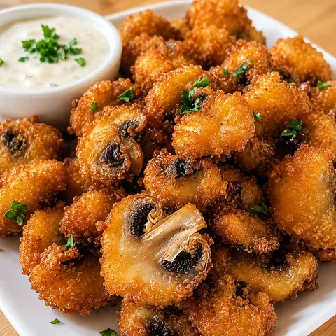 Crispy fried mushrooms with ranch dip and parsley on a white plate