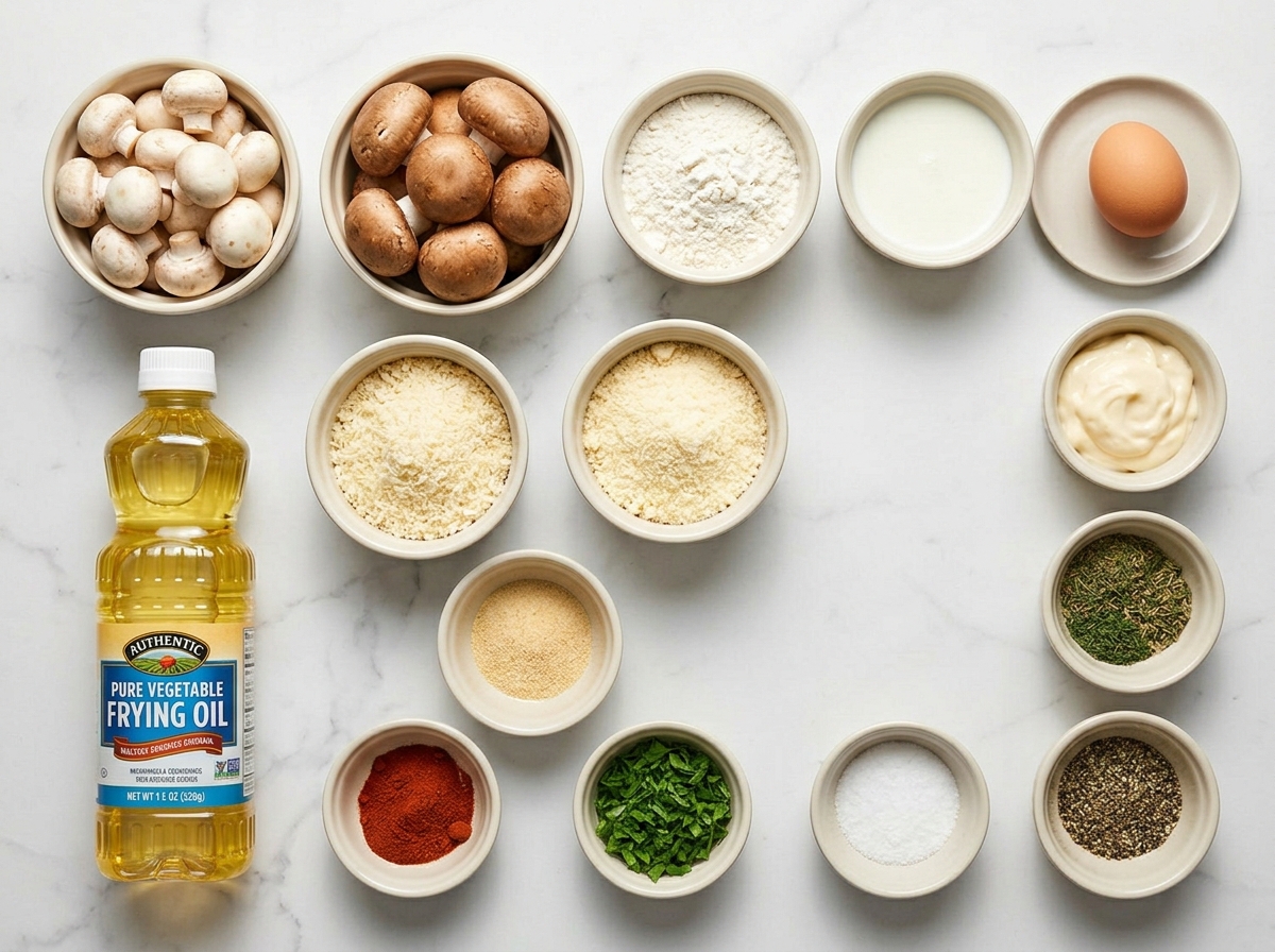 Raw ingredients for crispy fried mushrooms with panko and buttermilk