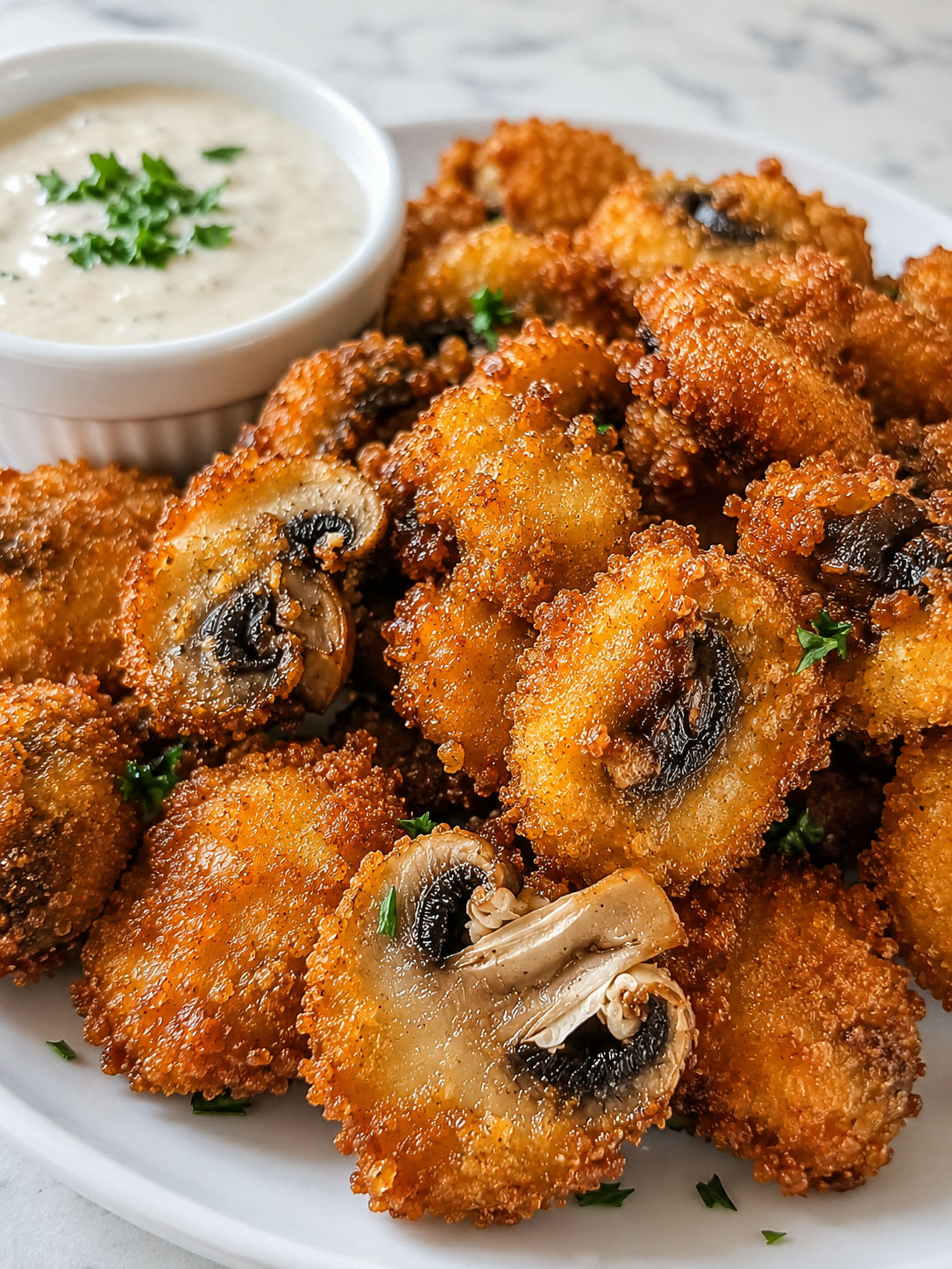 Crispy Fried Mushrooms, plated and served