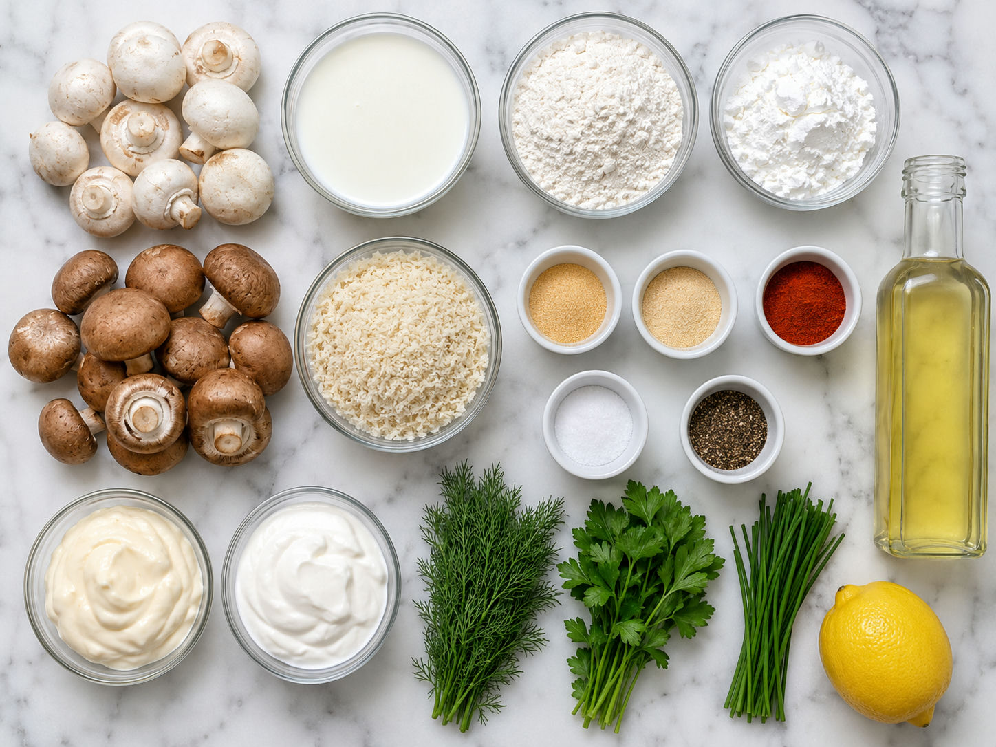 Ingredients for fried mushrooms with ranch dip on a wooden surface