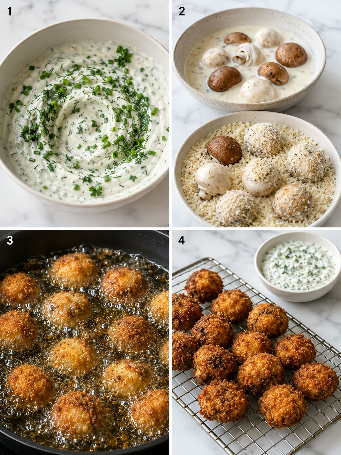 Four steps for making fried mushrooms with ranch dip