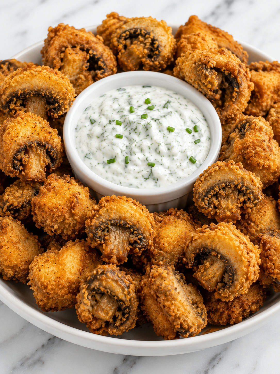 Golden fried mushrooms stacked around cool ranch dip