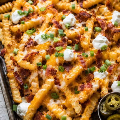 Crispy bacon cheese fries with sour cream and green onions