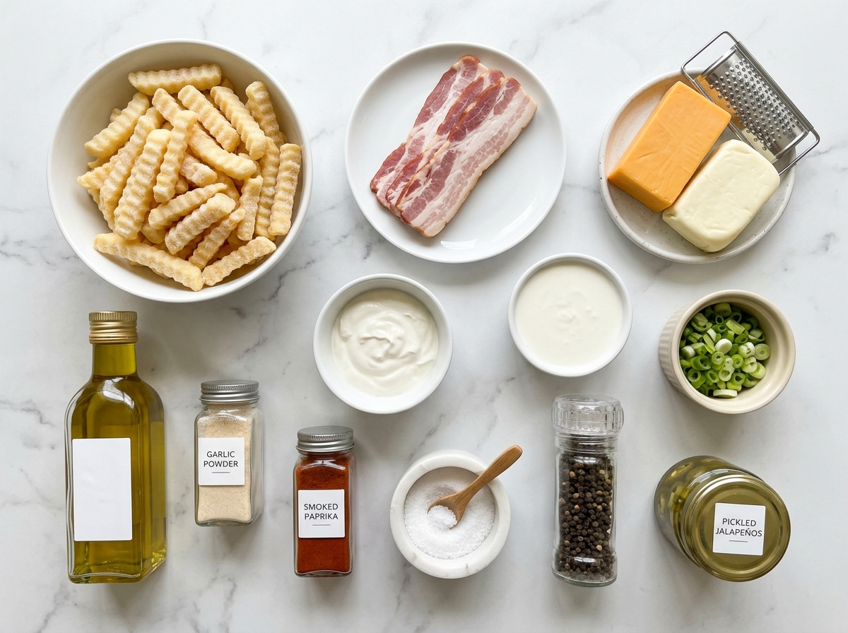 Ingredients for bacon cheese fries with cheddar, bacon, and green onions
