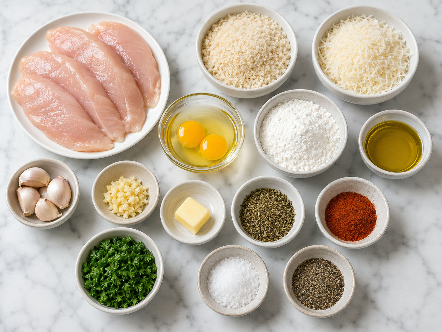 Ingredients for crispy garlic Parmesan oven chicken on a wooden surface
