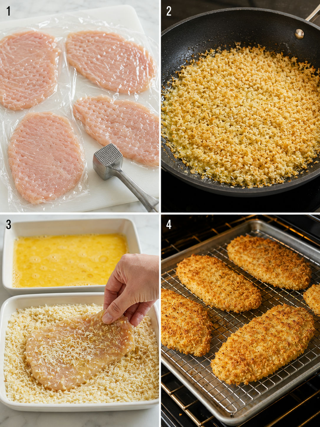 Four steps for breading and baking crispy garlic Parmesan chicken