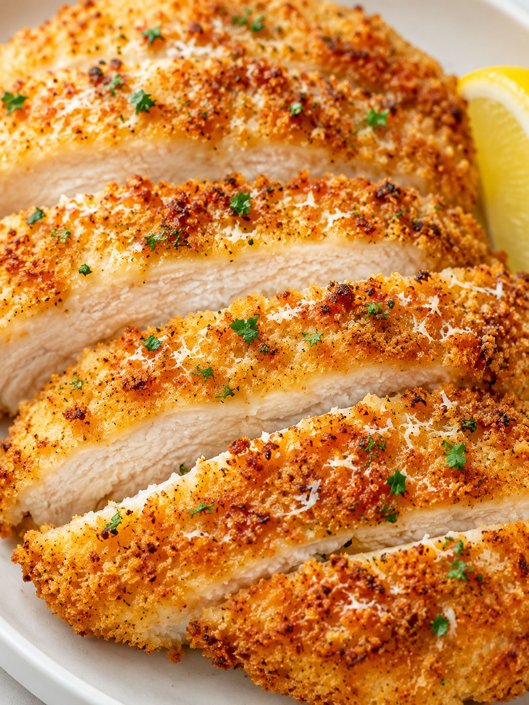 Golden crispy garlic Parmesan oven chicken sliced with parsley and lemon