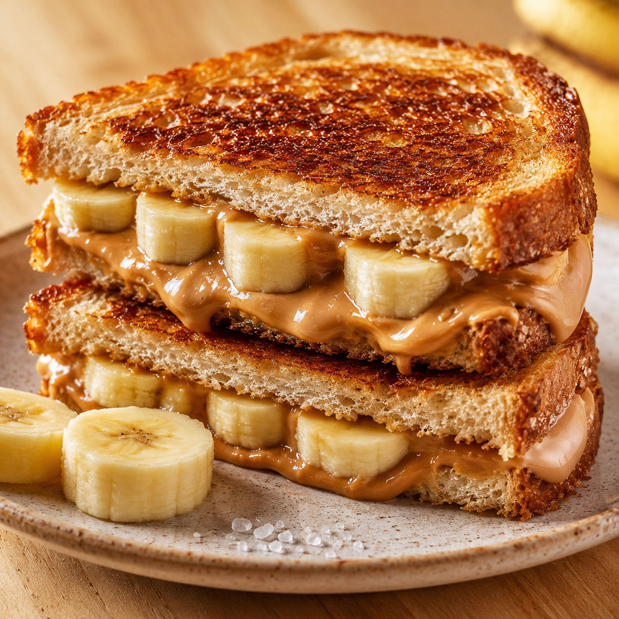 Crispy grilled peanut butter banana sandwiches stacked on a plate
