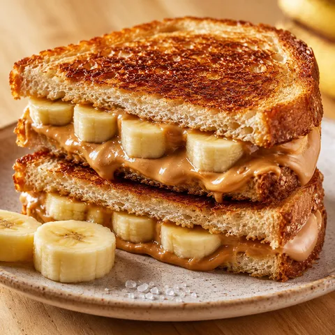 Crispy grilled peanut butter banana sandwiches stacked on a plate