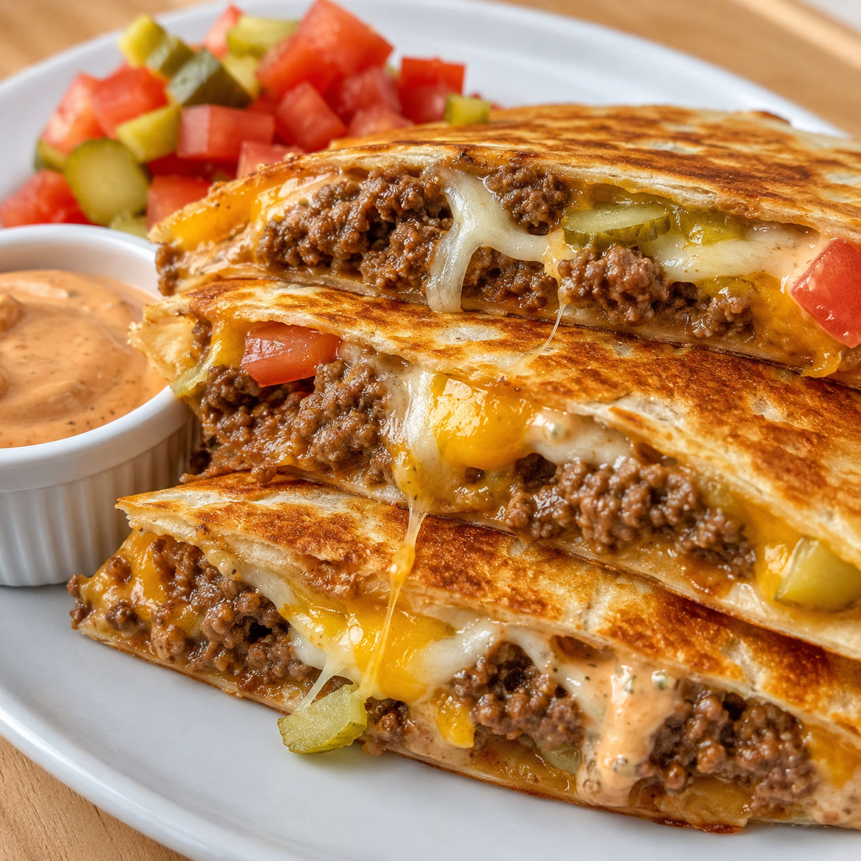Crispy hamburger quesadilla wedges with melty cheese and burger sauce