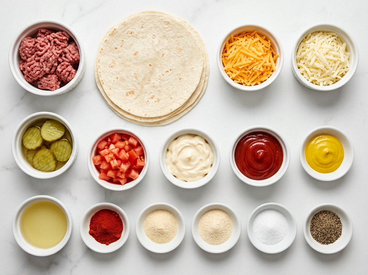 Ground beef, tortillas, cheese, pickles, and burger sauce ingredients