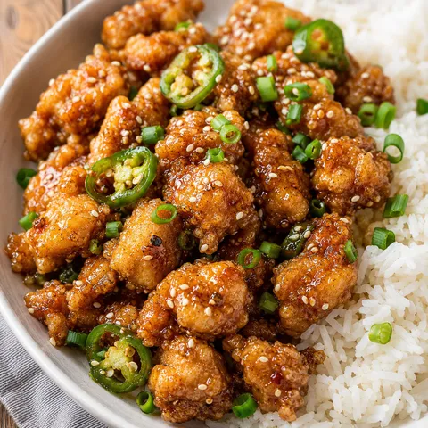 Crispy Hawaiian garlic fried chicken with rice, green onions, and jalapeno