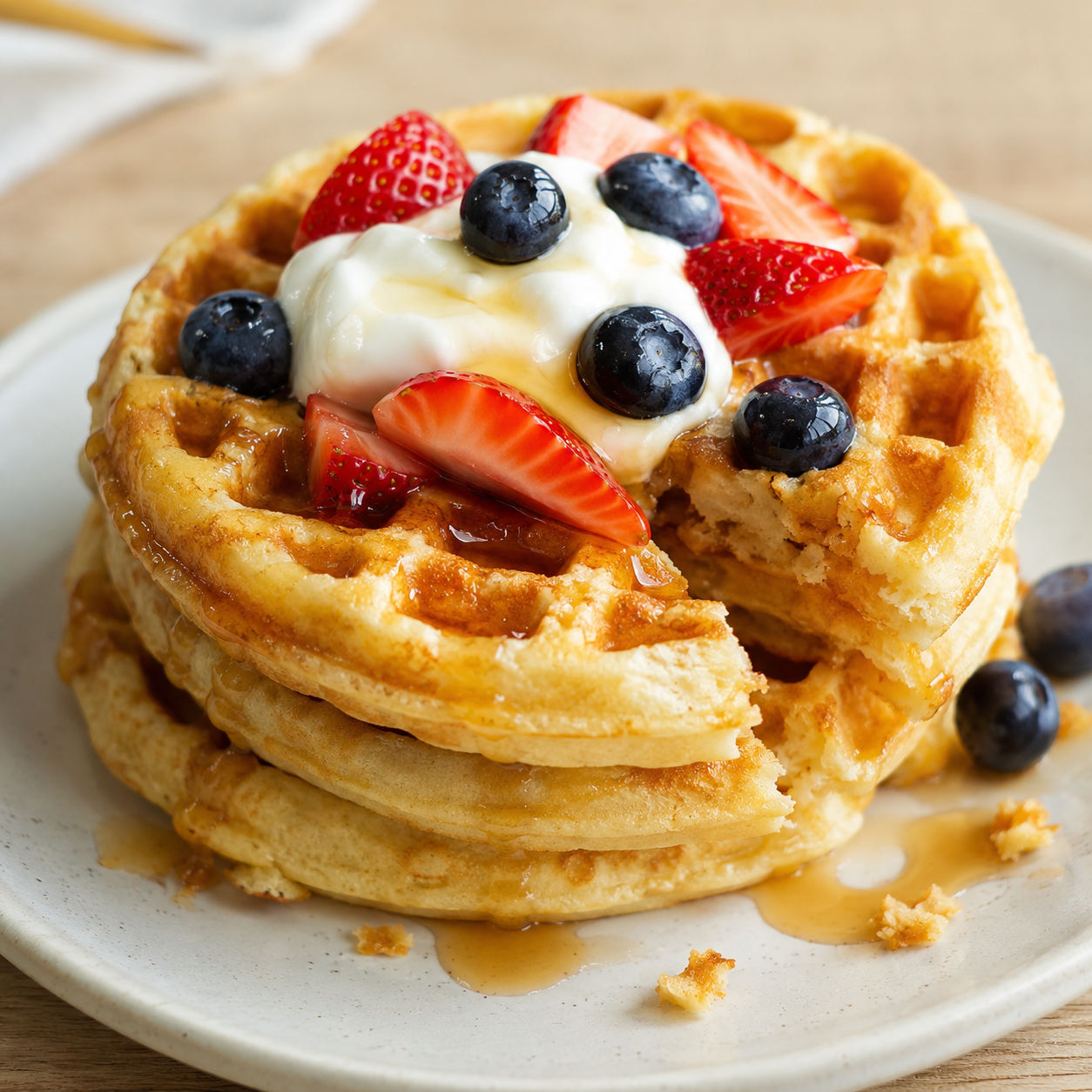 Crispy high protein waffles with berries, Greek yogurt, and syrup