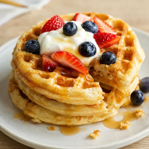 Crispy high protein waffles with berries, Greek yogurt, and syrup