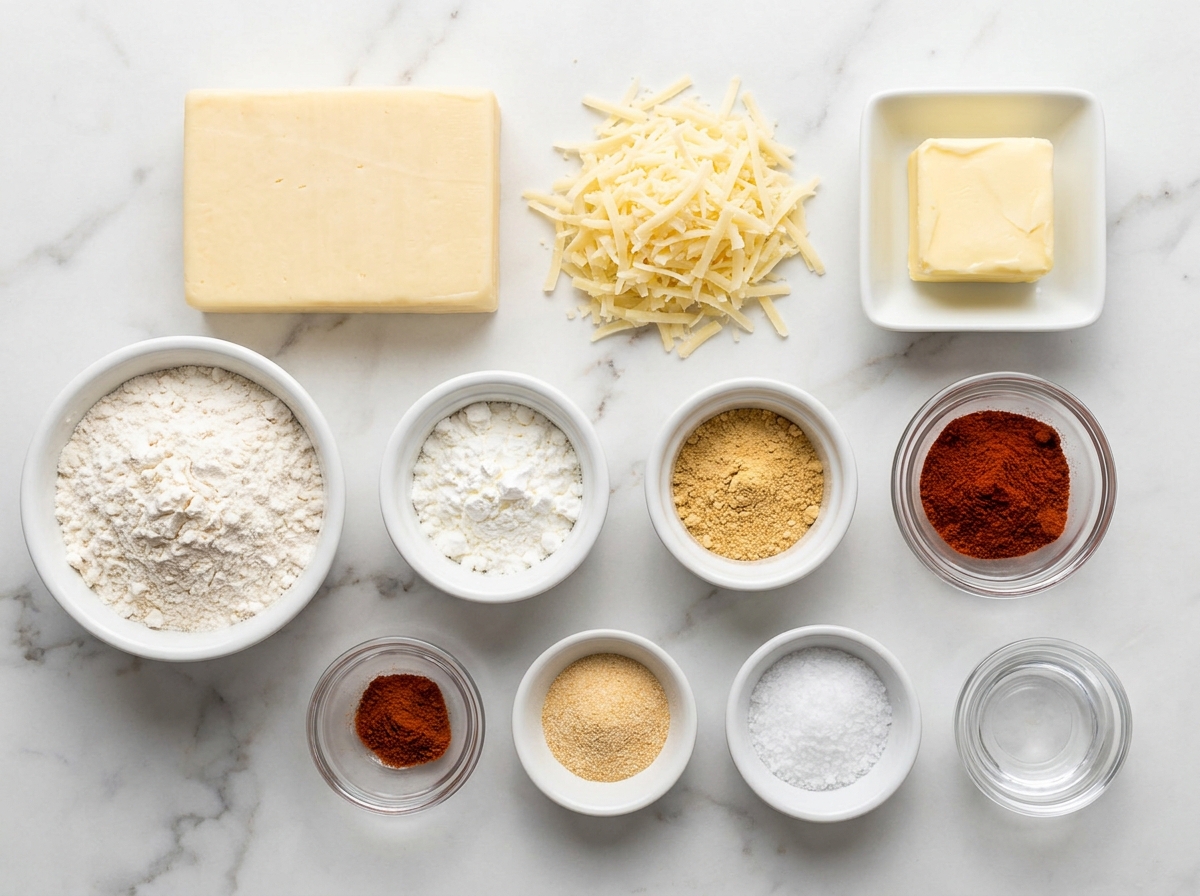 Cheddar, butter, flour, and spices for homemade cheese straws