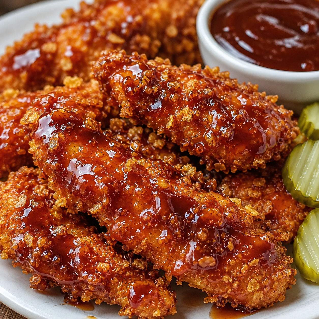 Crispy honey BBQ baked chicken strips with glossy sauce on a white plate