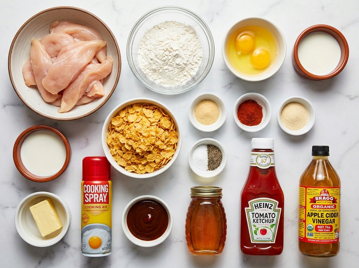 Ingredients for honey BBQ corn flake chicken strips on a wooden surface