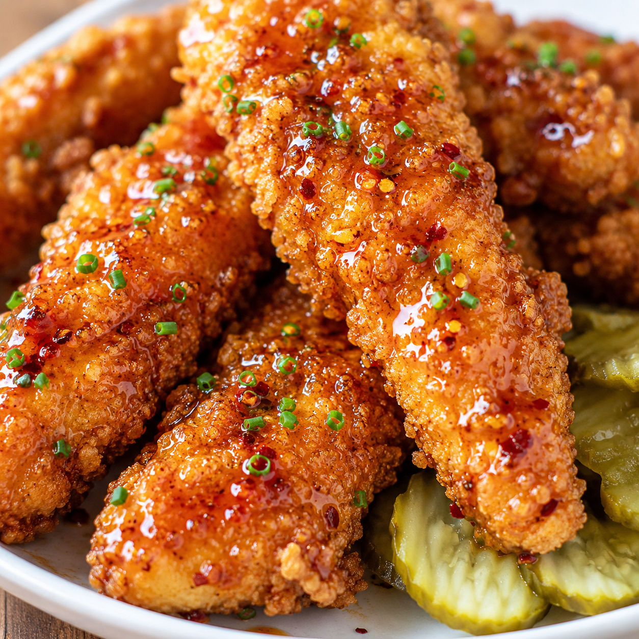 Crispy hot honey chicken tenders with chives and sticky glaze