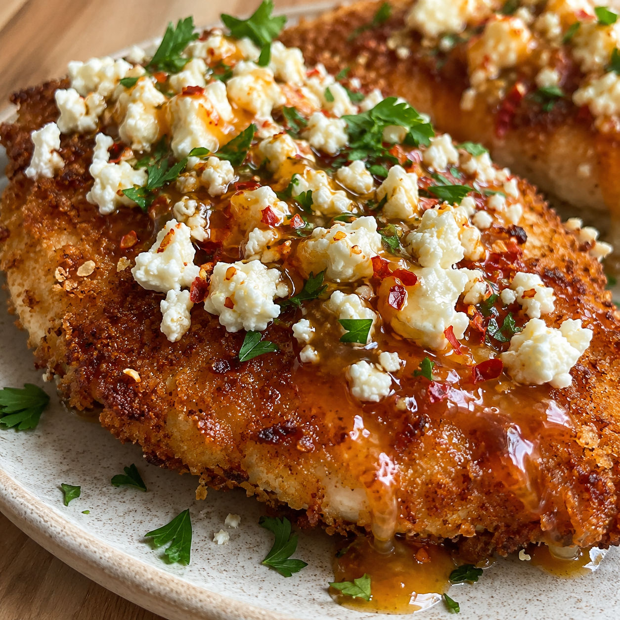 Crispy panko chicken with feta and hot honey drizzle on a light wooden board